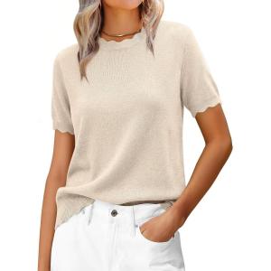 imageANRABESS Womens Short Sleeve Sweater Wool Blend Scalloped Cute Summer Dressy Tops Business Casual Loose Vacation Outfits 2026Parchment