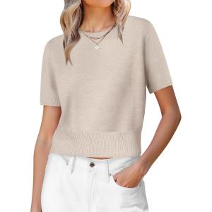 imageANRABESS Womens Short Sleeve Sweaters Cropped Crew Neck Business Casual Lightweight Sweater Tops 2026 Spring Summer OutfitsAlmond