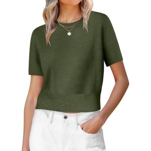 imageANRABESS Womens Short Sleeve Sweaters Cropped Crew Neck Business Casual Lightweight Sweater Tops 2026 Spring Summer OutfitsArmy Green
