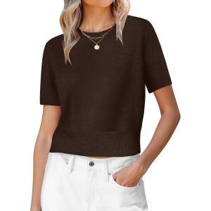 imageANRABESS Womens Short Sleeve Sweaters Cropped Crew Neck Business Casual Lightweight Sweater Tops 2026 Spring Summer OutfitsCoffee
