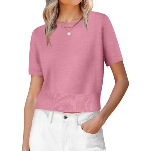 imageANRABESS Womens Short Sleeve Sweaters Cropped Crew Neck Business Casual Lightweight Sweater Tops 2026 Spring Summer OutfitsCoral Pink