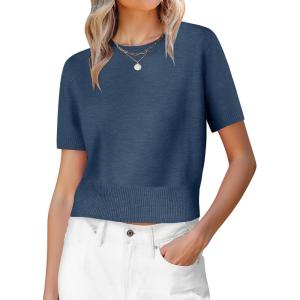imageANRABESS Womens Short Sleeve Sweaters Cropped Crew Neck Business Casual Lightweight Sweater Tops 2026 Spring Summer OutfitsDeep Blue