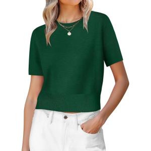 imageANRABESS Womens Short Sleeve Sweaters Cropped Crew Neck Business Casual Lightweight Sweater Tops 2026 Spring Summer OutfitsForest Green