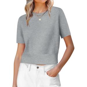 imageANRABESS Womens Short Sleeve Sweaters Cropped Crew Neck Business Casual Lightweight Sweater Tops 2026 Spring Summer OutfitsGrey