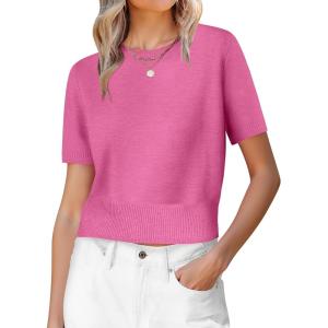 imageANRABESS Womens Short Sleeve Sweaters Cropped Crew Neck Business Casual Lightweight Sweater Tops 2026 Spring Summer OutfitsHot Pink