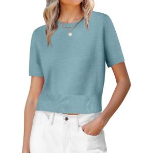 imageANRABESS Womens Short Sleeve Sweaters Cropped Crew Neck Business Casual Lightweight Sweater Tops 2026 Spring Summer OutfitsLight Blue