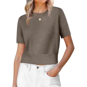 imageANRABESS Womens Short Sleeve Sweaters Cropped Crew Neck Business Casual Lightweight Sweater Tops 2026 Spring Summer OutfitsLight Coffee