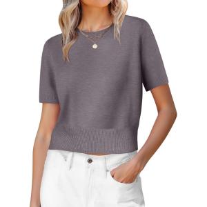 imageANRABESS Womens Short Sleeve Sweaters Cropped Crew Neck Business Casual Lightweight Sweater Tops 2026 Spring Summer OutfitsNutmeg