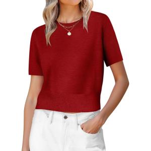 imageANRABESS Womens Short Sleeve Sweaters Cropped Crew Neck Business Casual Lightweight Sweater Tops 2026 Spring Summer OutfitsRed