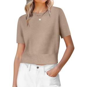imageANRABESS Womens Short Sleeve Sweaters Cropped Crew Neck Business Casual Lightweight Sweater Tops 2026 Spring Summer OutfitsTan