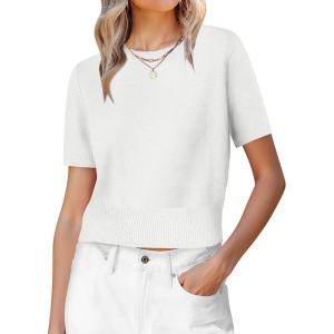 imageANRABESS Womens Short Sleeve Sweaters Cropped Crew Neck Business Casual Lightweight Sweater Tops 2026 Spring Summer OutfitsWhite