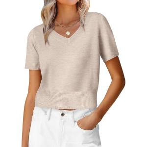 imageANRABESS Womens Short Sleeve Sweaters Cropped V Neck Business Casual Lightweight Sweater Tops Summer Spring Clothes 2026Almond