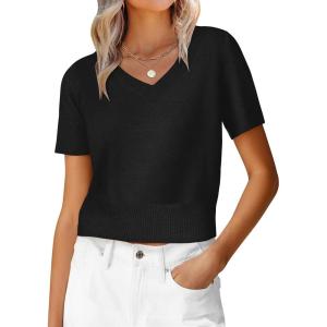 imageANRABESS Womens Short Sleeve Sweaters Cropped V Neck Business Casual Lightweight Sweater Tops Summer Spring Clothes 2026Black