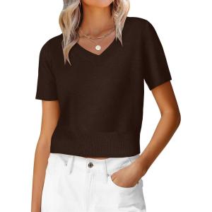 imageANRABESS Womens Short Sleeve Sweaters Cropped V Neck Business Casual Lightweight Sweater Tops Summer Spring Clothes 2026Coffee