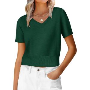 imageANRABESS Womens Short Sleeve Sweaters Cropped V Neck Business Casual Lightweight Sweater Tops Summer Spring Clothes 2026Forest Green