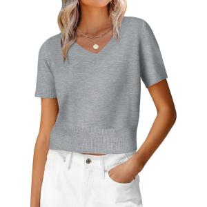 imageANRABESS Womens Short Sleeve Sweaters Cropped V Neck Business Casual Lightweight Sweater Tops Summer Spring Clothes 2026Grey