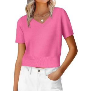 imageANRABESS Womens Short Sleeve Sweaters Cropped V Neck Business Casual Lightweight Sweater Tops Summer Spring Clothes 2026Hot Pink