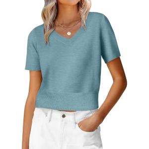 imageANRABESS Womens Short Sleeve Sweaters Cropped V Neck Business Casual Lightweight Sweater Tops Summer Spring Clothes 2026Light Blue