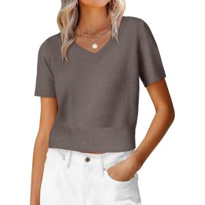imageANRABESS Womens Short Sleeve Sweaters Cropped V Neck Business Casual Lightweight Sweater Tops Summer Spring Clothes 2026Light Coffee
