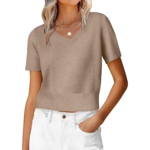 imageANRABESS Womens Short Sleeve Sweaters Cropped V Neck Business Casual Lightweight Sweater Tops Summer Spring Clothes 2026Tan