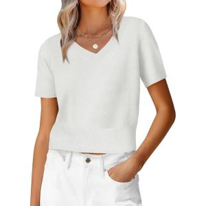 imageANRABESS Womens Short Sleeve Sweaters Cropped V Neck Business Casual Lightweight Sweater Tops Summer Spring Clothes 2026White