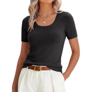 imageANRABESS Womens Short Sleeve Sweaters Summer Scoop Neck Casual Basic Shirts Knit Pullover Work Tops 2026 Spring OutfitsBlack
