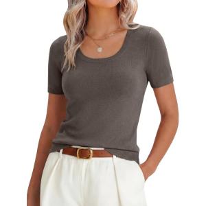 imageANRABESS Womens Short Sleeve Sweaters Summer Scoop Neck Casual Basic Shirts Knit Pullover Work Tops 2026 Spring OutfitsDrak Taupe