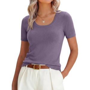 imageANRABESS Womens Short Sleeve Sweaters Summer Scoop Neck Casual Basic Shirts Knit Pullover Work Tops 2026 Spring OutfitsGrey Purple