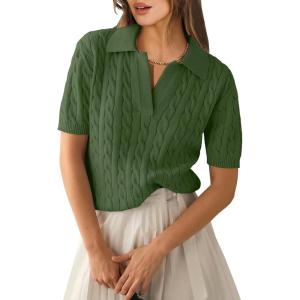 imageANRABESS Womens Short Sleeve Sweaters Tops Polo V Neck Cable Knit Casual Soft Pullover Shirts 2026 Summer OutfitsArmy Green