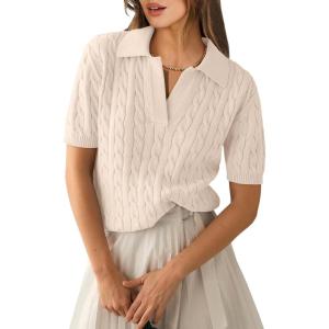 imageANRABESS Womens Short Sleeve Sweaters Tops Polo V Neck Cable Knit Casual Soft Pullover Shirts 2026 Summer OutfitsBeige