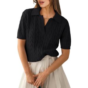 imageANRABESS Womens Short Sleeve Sweaters Tops Polo V Neck Cable Knit Casual Soft Pullover Shirts 2026 Summer OutfitsBlack