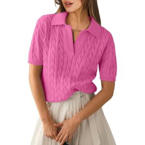 imageANRABESS Womens Short Sleeve Sweaters Tops Polo V Neck Cable Knit Casual Soft Pullover Shirts 2026 Summer OutfitsBright Pink
