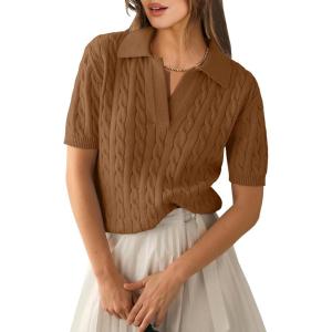 imageANRABESS Womens Short Sleeve Sweaters Tops Polo V Neck Cable Knit Casual Soft Pullover Shirts 2026 Summer OutfitsBrown