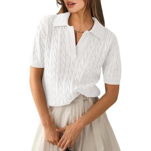 imageANRABESS Womens Short Sleeve Sweaters Tops Polo V Neck Cable Knit Casual Soft Pullover Shirts 2026 Summer OutfitsCream