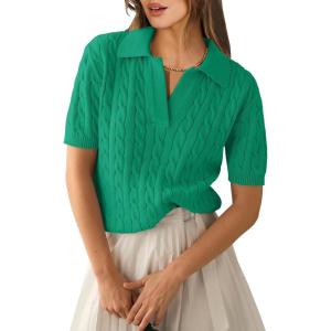 imageANRABESS Womens Short Sleeve Sweaters Tops Polo V Neck Cable Knit Casual Soft Pullover Shirts 2026 Summer OutfitsGreen