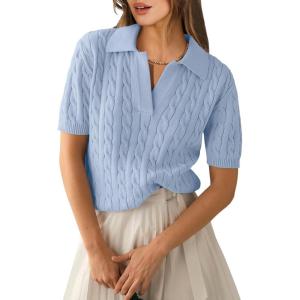 imageANRABESS Womens Short Sleeve Sweaters Tops Polo V Neck Cable Knit Casual Soft Pullover Shirts 2026 Summer OutfitsLight Blue