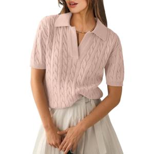 imageANRABESS Womens Short Sleeve Sweaters Tops Polo V Neck Cable Knit Casual Soft Pullover Shirts 2026 Summer OutfitsLight Brown