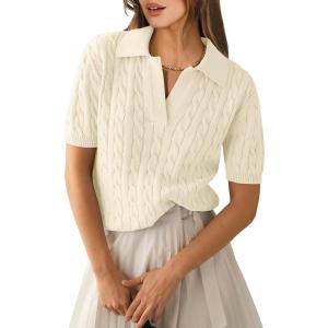 imageANRABESS Womens Short Sleeve Sweaters Tops Polo V Neck Cable Knit Casual Soft Pullover Shirts 2026 Summer OutfitsLight Yellow