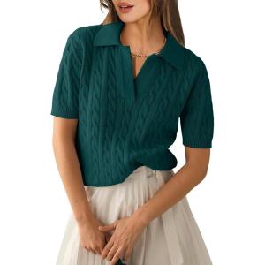 imageANRABESS Womens Short Sleeve Sweaters Tops Polo V Neck Cable Knit Casual Soft Pullover Shirts 2026 Summer OutfitsOpal Green