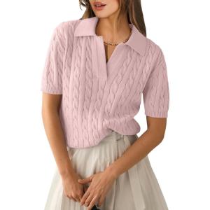 imageANRABESS Womens Short Sleeve Sweaters Tops Polo V Neck Cable Knit Casual Soft Pullover Shirts 2026 Summer OutfitsPink