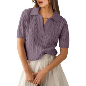 imageANRABESS Womens Short Sleeve Sweaters Tops Polo V Neck Cable Knit Casual Soft Pullover Shirts 2026 Summer OutfitsPurple