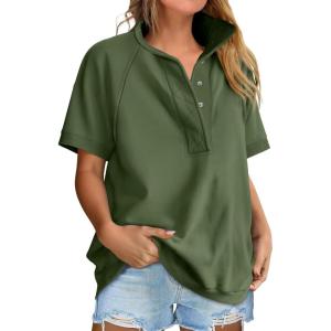 imageANRABESS Womens Short Sleeve Tops Oversized Lightweight Sweatshirt Polo Shirts 2026 Summer Casual Button Pullover Top OutfitsArmy Green