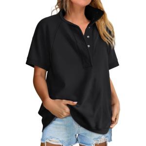 imageANRABESS Womens Short Sleeve Tops Oversized Lightweight Sweatshirt Polo Shirts 2026 Summer Casual Button Pullover Top OutfitsBlack