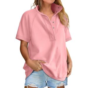 imageANRABESS Womens Short Sleeve Tops Oversized Lightweight Sweatshirt Polo Shirts 2026 Summer Casual Button Pullover Top OutfitsPink