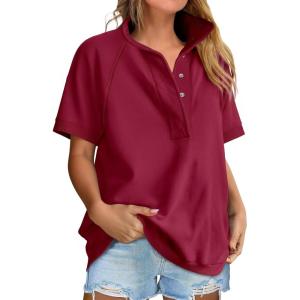 imageANRABESS Womens Short Sleeve Tops Oversized Lightweight Sweatshirt Polo Shirts 2026 Summer Casual Button Pullover Top OutfitsRed