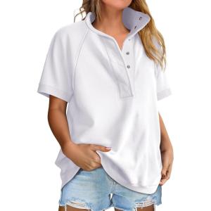 imageANRABESS Womens Short Sleeve Tops Oversized Lightweight Sweatshirt Polo Shirts 2026 Summer Casual Button Pullover Top OutfitsWhite