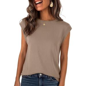 imageANRABESS Womens Sweater Vest 2026 Summer Crew Neck Cap Sleeve Tank Tops Business Casual Lightweight Pullover Sweaters ShirtsTan