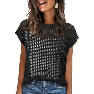 imageANRABESS Womens Tops 2026 Trendy Summer Shirts Crochet Cap Sleeve Knitted Sweater Beach Vacation Clothes Fall Fashion OutfitsBlack