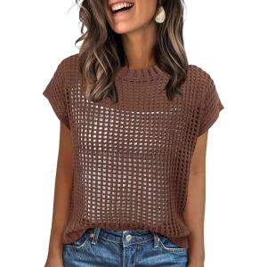 imageANRABESS Womens Tops 2026 Trendy Summer Shirts Crochet Cap Sleeve Knitted Sweater Beach Vacation Clothes Fall Fashion OutfitsBrown