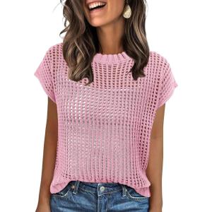 imageANRABESS Womens Tops 2026 Trendy Summer Shirts Crochet Cap Sleeve Knitted Sweater Beach Vacation Clothes Fall Fashion OutfitsPink